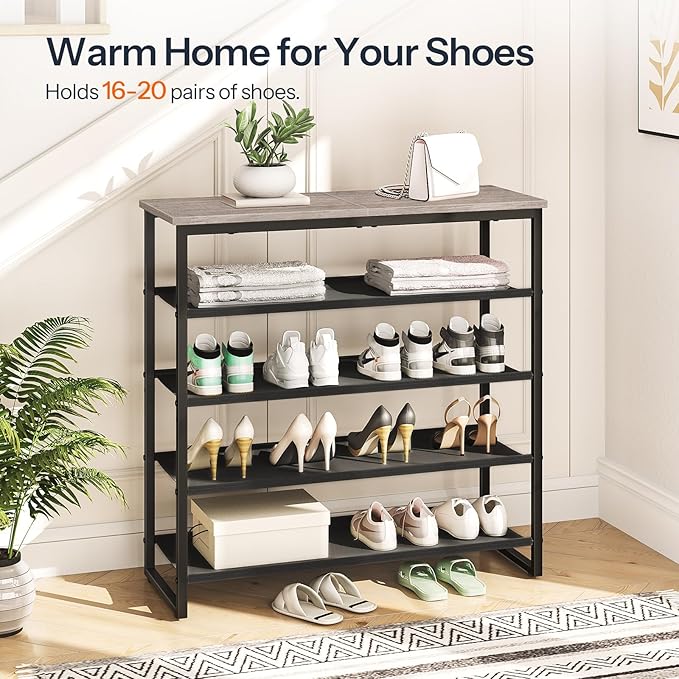 HOOBRO Shoe Rack, 5 Tier Shoe Storage Organizer with 4 Oxford Fabric Shelves and Top Panel, Holds 16-20 Pairs of Shoes, for Entryway and Closet, Industrial, Greige and Black BG50XJ01-NeatNest