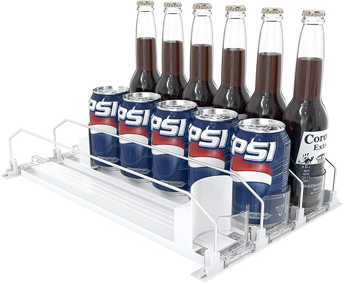 3 Rows Drink Organizer for Fridge, 15'' Soda Can Dispenser for Refrigerator with Pusher Glide, Width Adjustable Fridge Can Organization Hold Up to 25 Cans (White)