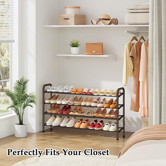 4 Tier Shoe Rack for Closet,Shoe Organizer, 28“ Metal Shelf Can Expandable to 42“, for Bedroom, Entryway, Living Room, Garage, Adjustable to 24 Pairs Shoes, Rustic Brown-NeatNest