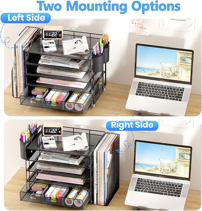 Desk Organizers and Accessories, 5-Tier Paper File Organizer with Drawer & Pen Holder, Office Desk Accessories Workspace Desktop Organizer for Office Supplies(Black)-NeatNest