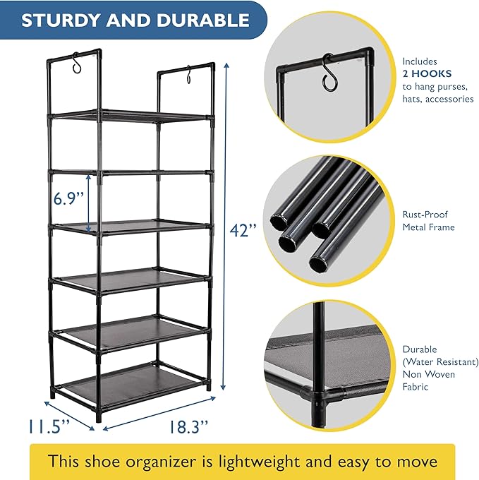 Sundaze Shoe Rack - 6 Tier Tall Shoe Rack for Closet, Sturdy Stackable Shoe Organizer for Closet, Bedroom, Entryway, Garage, Non Woven Fabric Shelf, Black, Holds 12-18 Pairs-NeatNest