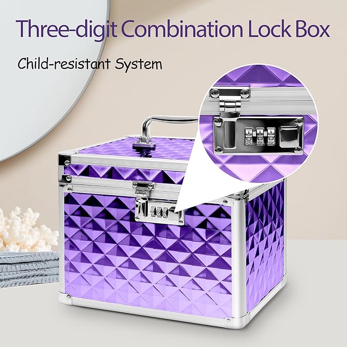 Medication Combination Lock Boxes with Code for Personal Items, Medicine Lockbox for Documents 10 x 7.25 x 7.75 Inches Plaid Purple