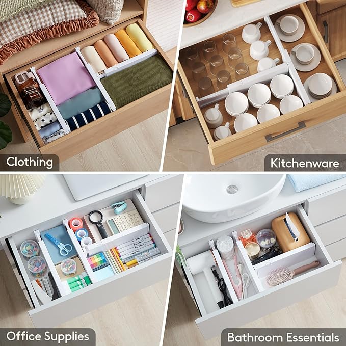 Lifewit 5 Pack Drawer Dividers 4" High, 11-17" Adjustable Dresser Drawer Organizers for Clothes, Expandable Dresser Separators in Bedroom/Bathroom/Kitchen/Vanity/Office Organization and Storage, White-NeatNest
