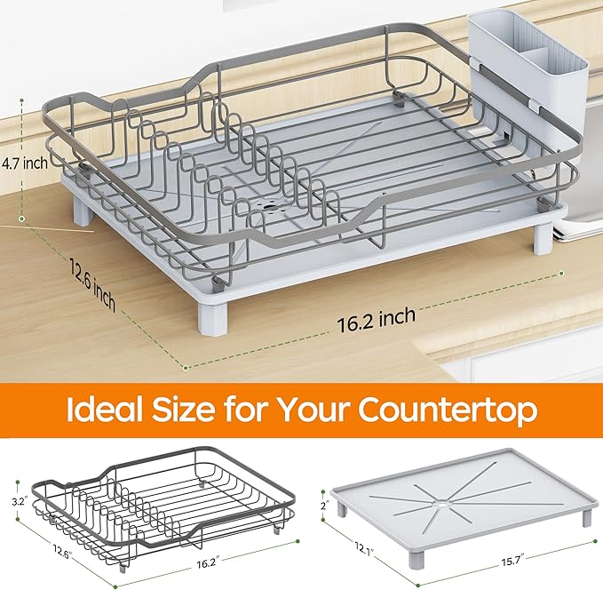 Dish Drying Rack, Stainless Steel Rustproof Dish Rack for Kitchen Counter, Sturdy Dish Drainer with Drainboard, Drainage, Utensil Holder for Various Kitchenware, 16.2"(L) x 12.6"(W), Grey