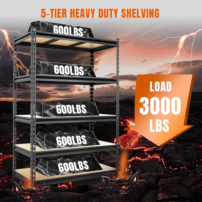 BIG RED Storage Shelving Unit, 5-Tier Adjustable, Heavy Duty Metal Garage Shelves/Utility Rack for Kitchen, Pantry, Basement, Bathroom, Laundry - 3,000lb Capacity, Black, 72" H x 48" W x 24" D-NeatNest