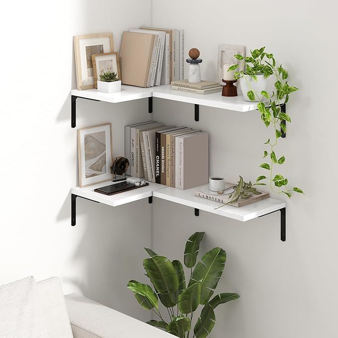 Fun Memories Deep Floating Shelves, 16W x 8D Floating Shelves Set of 2, Wall Mounted Shelf with Metal Brackets, Rustic Wood Wall Shelf for Bathroom, Kitchen and Living Room, White-NeatNest