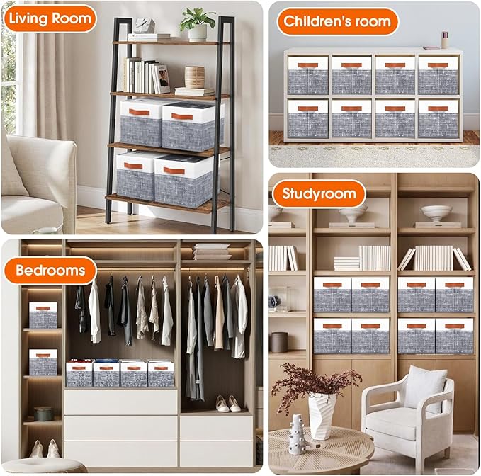 Fab totes Collapsible Storage Baskets for Shelves,14"x10", 8 Pack Foldable Fabric Storage Bins with Double Leather Handles, Large Baskets for Organizing Books, Clothes, White & Grey