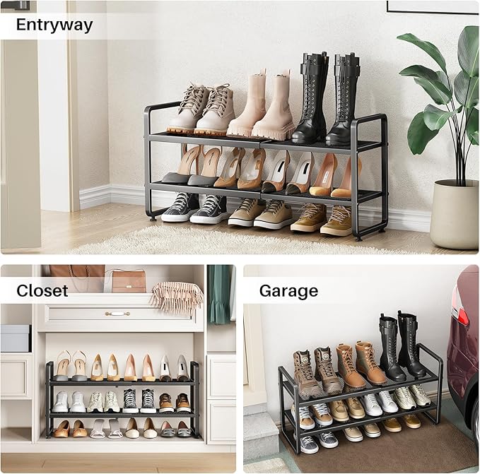 Shoe Rack - Expandable Shoe Organizer for Closet, Adjustable Metal Shoe Shelf Storage, 2 Tier Stackable Long Shoe Stand Holder for Garage, Entryway, Door Entrance, Black-NeatNest