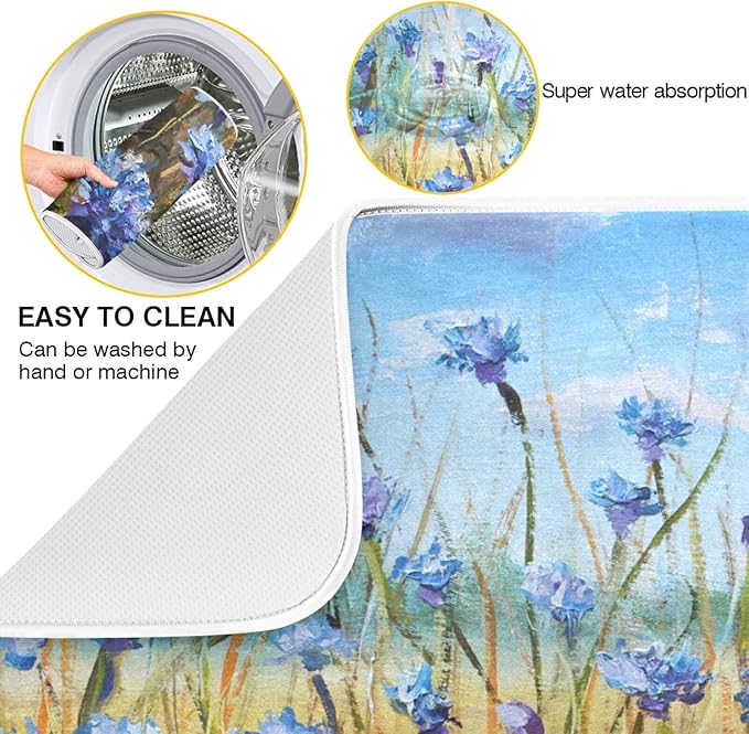 Absorbent Dish Drying Mat for Kitchen Counter - Oil Painting Flowers Microfiber Drying Pad, Reversible Drainer Mats for Countertop, Small 16" x 18"