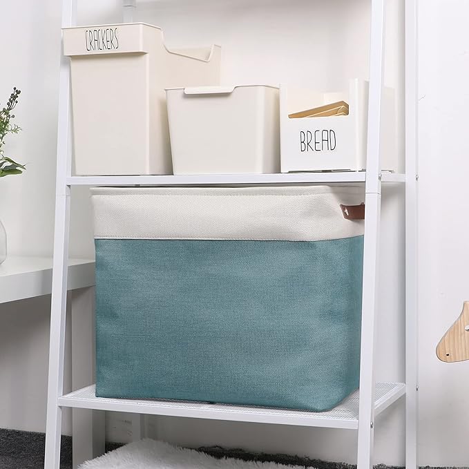 DULLEMELO Large Collapsible Storage Basket/Bin with Sturdy Leather Handles, Fabric Organizer Bin for Storage Clothes, Toys, Books, Office, Bedroom, Closet, Nursery & Laundry (White&Teal)-NeatNest