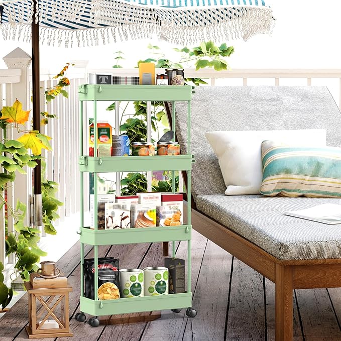 SPACEKEEPER Slim Rolling Storage Cart 4 Tier Bathroom Organizer Utility Cart Mobile Shelving Unit Tower Rack for Kitchen, Laundry Room, Bathroom, Narrow Places, Green
