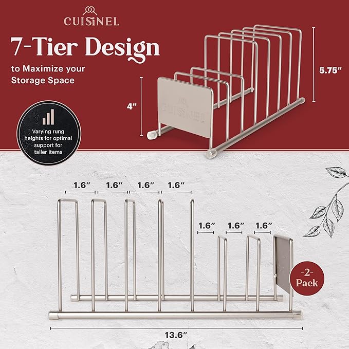 Cuisinel Lid and Dish Organizer Rack - 2-Pack Satin Nickel Kitchen Storage Organization Stand - Plate Holder, Pan/Pot Covers, Cutting Board and Cookie Sheet Divider - 7-Tier Cabinet/Counter Display-NeatNest