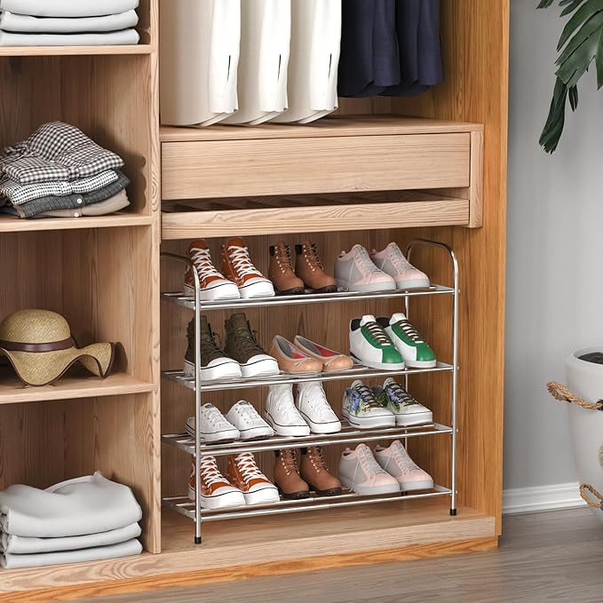 4 Tier Expandable Shoe Rack for Closet, Stainless Steel Shoe Shelf, Strong Weight Capacity Shoes Organizer, Easy to Install and Saving Space Standing Shelf with Sturdy Frame(4 Tier)-NeatNest