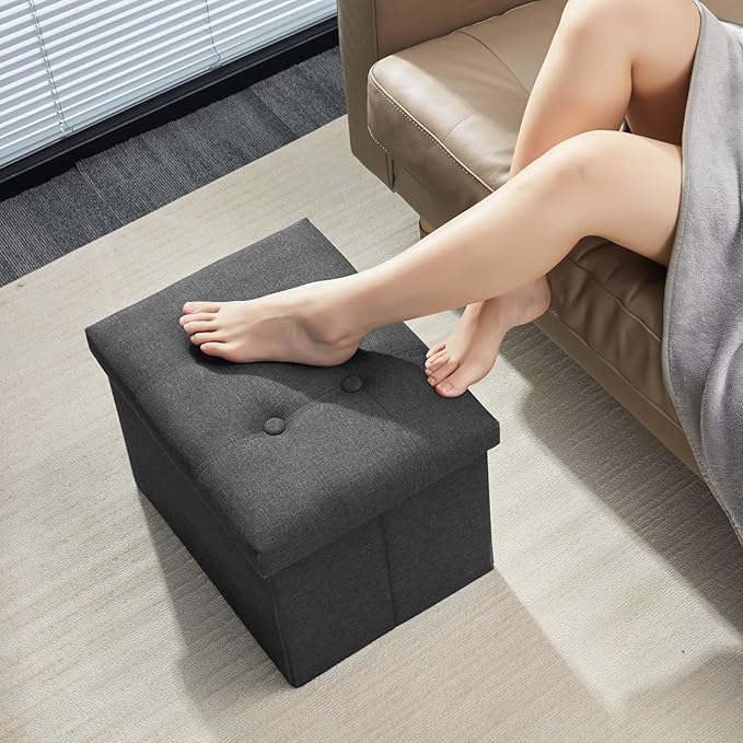 AmasSmile Storage Ottoman Folding Foot Rest Stool, 17 inches Linen Footstool Bench, Short Ottoman Bench, Storage Foot Rest Store, Books, Dark Grey