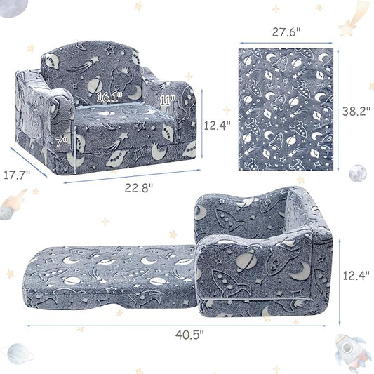 Comfy Toddler Couch and Chair for Kids with Blanket, 2-in-1 Soft Plush Fold Out Kids Sofa Chairs for Girls and Boys, Convertible Sofa to Lounger for Playroom, Glowing Starry Sky-NeatNest