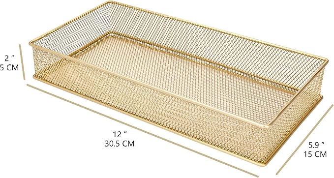 Annova Mesh Stackable Drawer Cabinet and Shelf Organizer Bins Storage Basket School Office Supply Holder Tray- Set of 2 (Gold, 6x12x2 Inch)-NeatNest