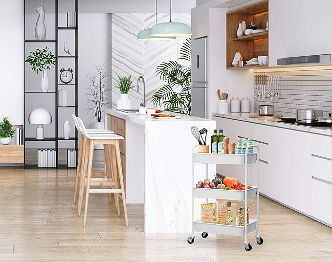 CAXXA 3-Tier Rolling Metal Storage Organizer - Mobile Utility Cart Kitchen Cart with Caster Wheels, White-NeatNest