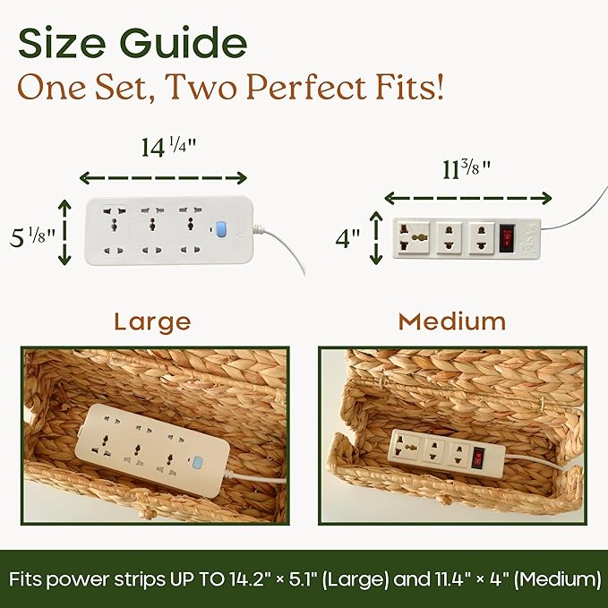 2-Pack Wicker Cable Management Box, Handmade Water Hyacinth Cable Organizer with Lid, Cord Hider Basket with 2 Slots for TV Wires, Power Strips, Surge Protector