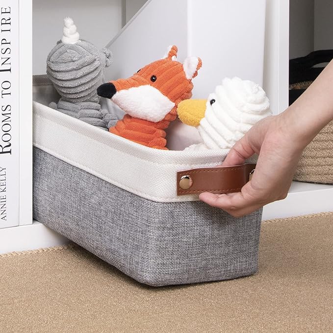 DULLEMELO Fabric Bathroom Storage Bin with Leather Handles, Narrow Organizer for Towels, Toilet Paper Rolls, Storage Basket for Back of Toilet, Vanities, Shelves & Cabinets (White&Gray)-NeatNest