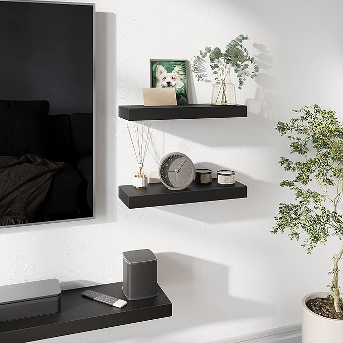 BAMEOS Floating Shelves, Black Wall Mounted Wooden Shelves with Invisible Brackets Set of 2, Hanging Wall Shelves Decoration for Bedroom, Bathroom, Living Room and Kitchen-NeatNest