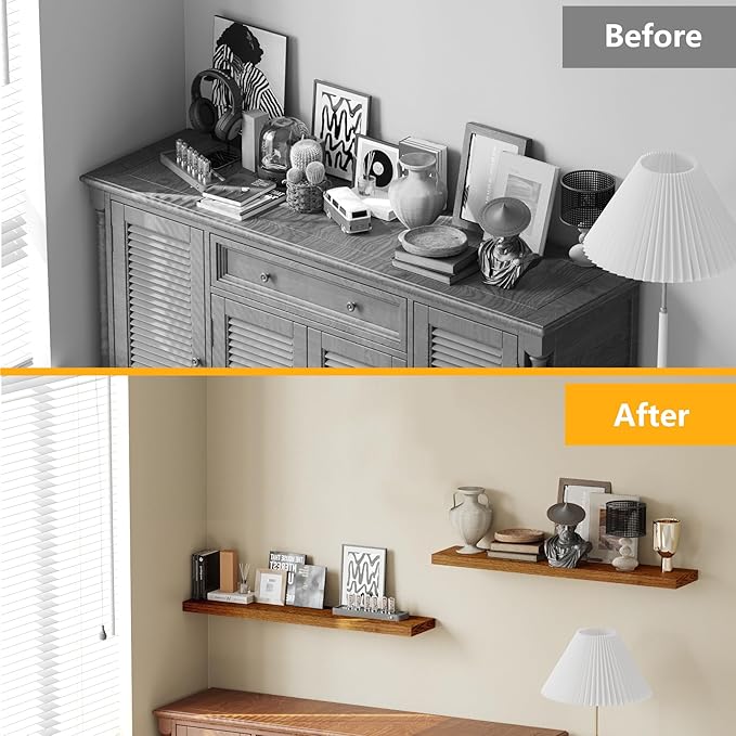 BAMEOS Floating Shelves, American Oak Wall Mounted Wooden Shelves with Invisible Brackets Set of 2, Hanging Wall Shelves Decoration for Bedroom, Bathroom, Living Room and Kitchen-NeatNest