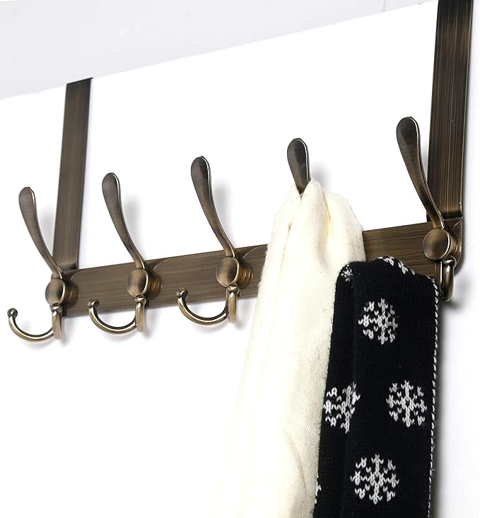 Dseap Over The Door Hook Hanger - 5 Tri Hooks, Heavy Duty Over The Door Towel Rack Coat Rack for Clothes Hat Towel, Bronze, 2 Packs