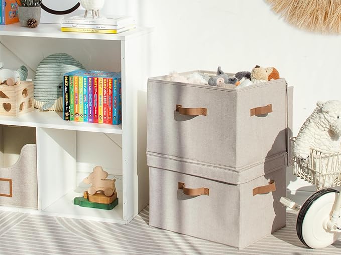 StorageWorks Fabric Storage Bins with Lid, Decorative Storage Boxes for Shelves, Stackable Closet Organizer Basket with Handles, Jumbo, Brown and Beige, 2-Pack-NeatNest