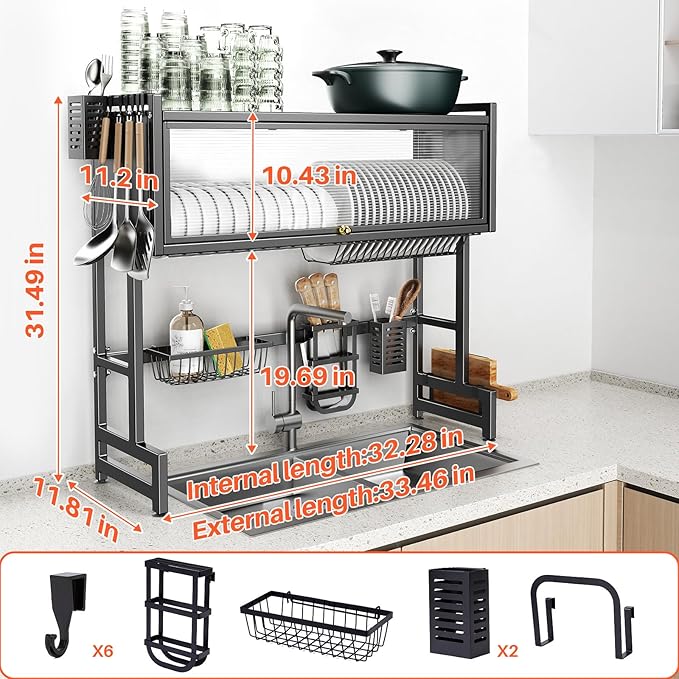 Over The Sink Dish Drainer Drying Rack 3 Tiers with Cover, Keep Kitchen Sink Shlef Organized Space-Saving Dish Drying Rack, Large Stainless Steel Sink Drying Rack for Dishes, Bowls, Cutlery (33.4"W)
