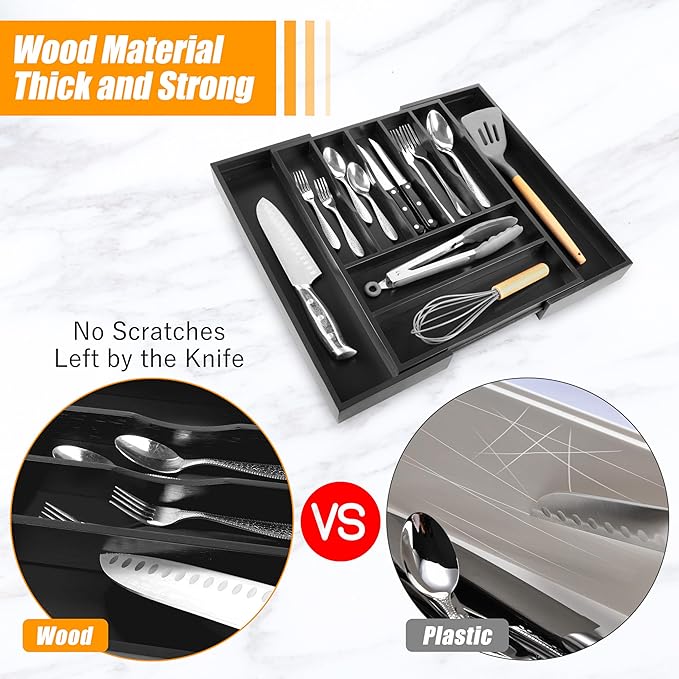 Bellsal Large Premium Bamboo Silverware Organizer - Expandable Utensil Drawer Organizer - 17"x19.6" Utensil Holder and Cutlery Tray with Grooved for Kitchen Flatware and Utensils(7-9 Slot, Black)-NeatNest