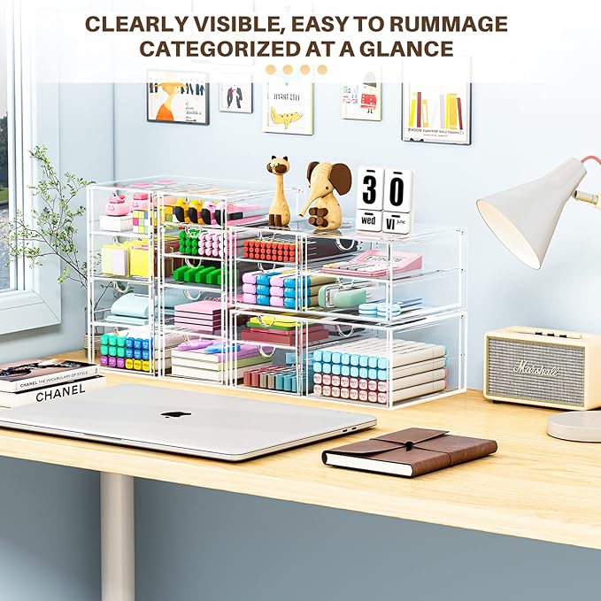 Makeup Organizer Storage With 16 Drawers, 4 Pcs Desktop Office Supplies, Desk Organizers, Clear Accessories, Dustproof Drawer and for Make Up, Jewelry, Pen, Stationary