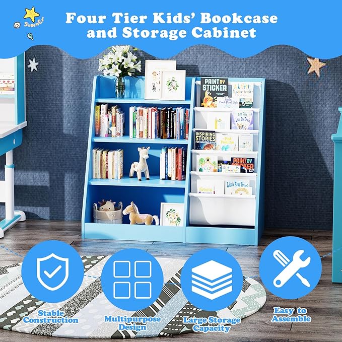 Blue 4 Tier Kids Wooden Bookshelf,Five Layer Sling Bookcase,Baby Storage Book Rack,Child Book and Toy Organizer Cabinet Chest,Toddler Book Display Playroom Kids Room Bedroom Classroom Nursery Library-NeatNest