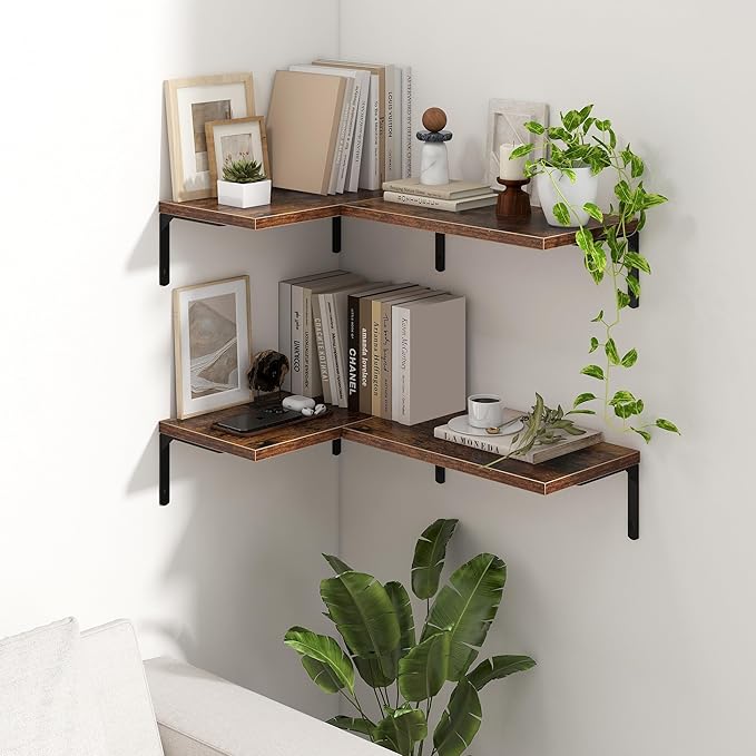 Fun Memories Deep Floating Shelves, 16W x 8D Floating Shelves Set of 2, Wall Mounted Shelf with Metal Brackets, Rustic Wood Wall Shelf for Bathroom, Kitchen and Living Room, Rustic Brown-NeatNest