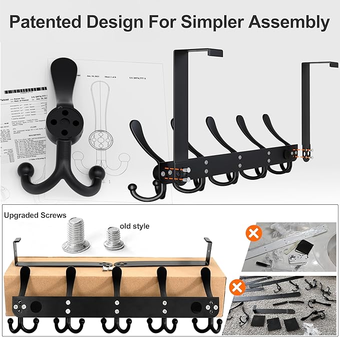 Dseap Over Door Hook 2.0 - Upgraded Version - Simple-Assembly, Strong, Heavy-Duty Stainless Steel 5-Tri-Hook Over The Door Hanger Rack, SimpleStrong Series, Grey, Pack of 2