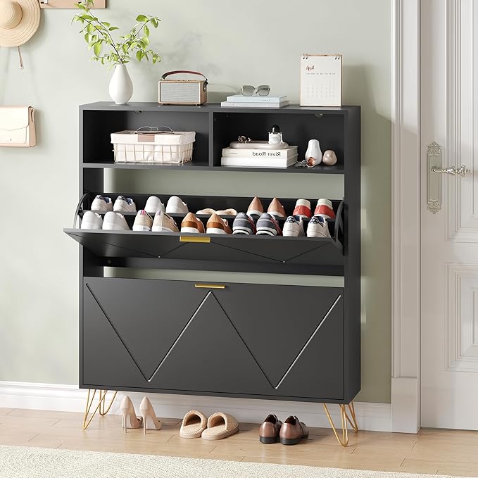 Shoe Cabinet with 2 Flip Drawers, Black Shoe Organizer Cabinet for Entryway Slim, Hidden Shoe Storage with Open Shelf & Metal Legs, Freestanding Tipping Bucket Shoe Rack Cabinet-NeatNest