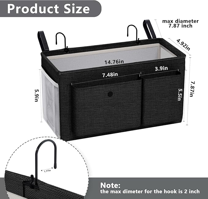 Bedside Caddy Bedside Organizer with Fixed Straps & Water Bottle Holder, Bunk Bed Caddy ideal for Home, Dorm, Hospital, Crib, Versatile Bedside Storage Solution (Black)-NeatNest