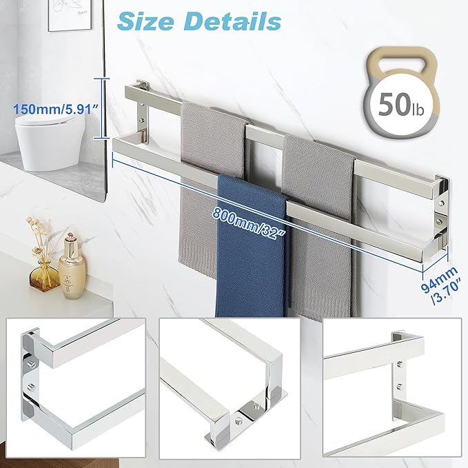 Alise Double Towel Bar 32", SUS304 Stainless Steel Towel Racks for Bathroom Wall Mounted, Space Saving Bathroom Towel Holder, Long Towel Hanger, Polished Chrome