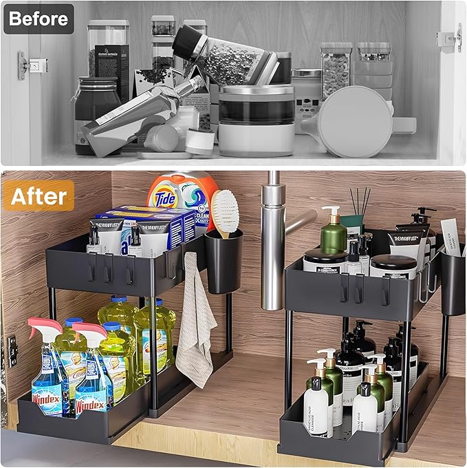 2 Pack Under Sink Organizer, 2 Tier Bathroom Organizers and Storage, Cabinet Organizer with Hook, Multi-Purpose Under Sink Organizers and Storage for Bathroom & Kitchen, Bedroom (Black)-NeatNest