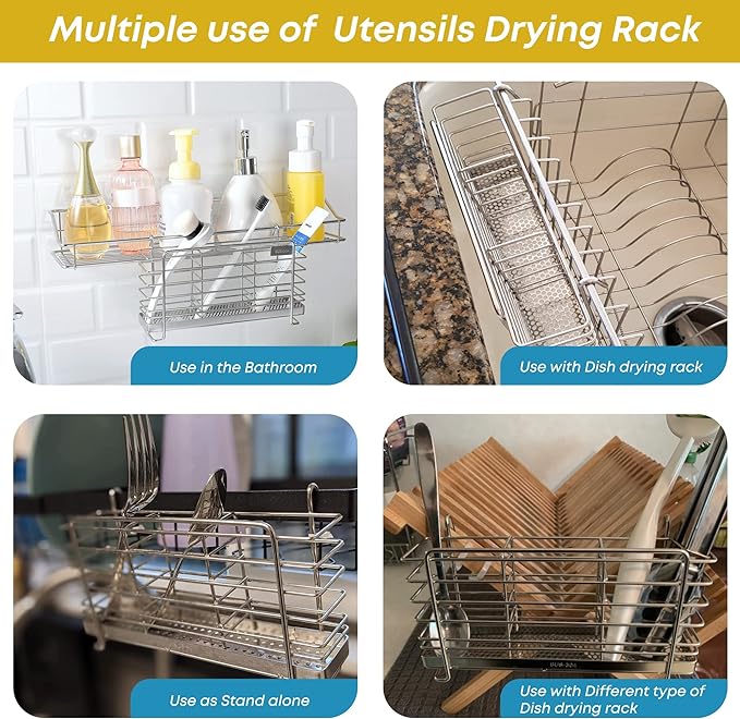 KESOL Sturdy 304 Stainless Steel Utensil Drying Rack Basket Holder with Hooks 3 Divided Compartments, Rust Proof, No Drilling-NeatNest