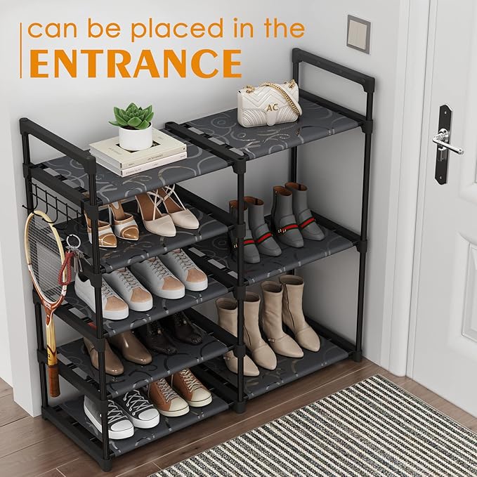 Black Tubes Closet Shoe Rack, 5 Tier Oxford Fabric Shelf, Easy Assembly, Sturdy and Durable, Holds Up to 30 lbs-NeatNest