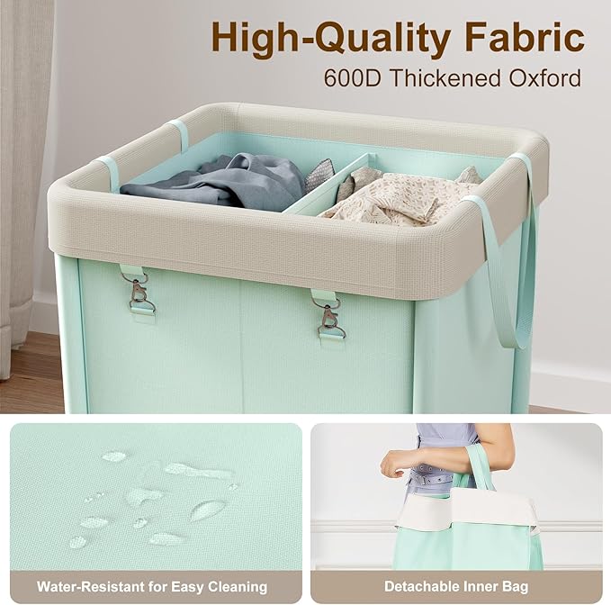 WOWLIVE 160L Rolling Laundry Hamper with Wheels, Heavy Duty Laundry Basket, Large Laundry Cart with Steel Frame and Removable Bag, Dirty Clothes Hamper for Home, Closet, Dorm, Bathroom, Mint Green