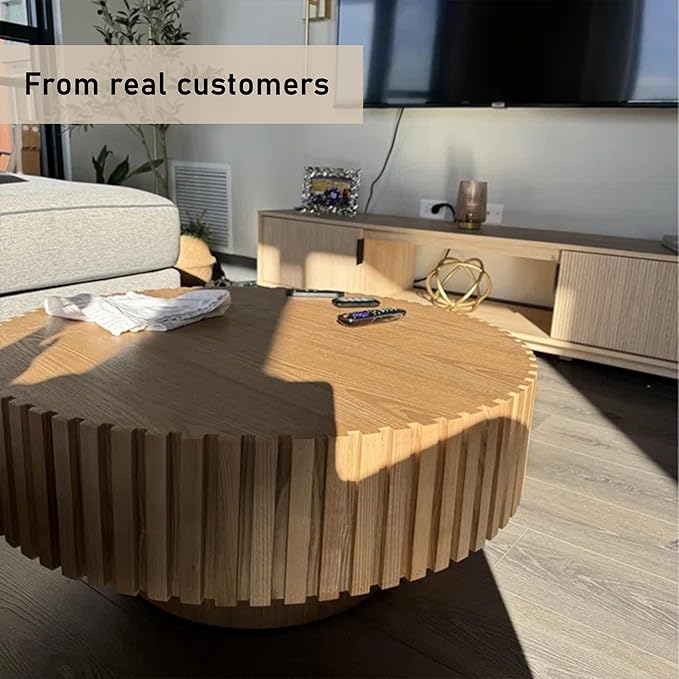 31.49'' Coffee Table, Round Coffee Table, Wood Coffee Table for Living Room, Handcrafted Relief Carving, Easy Assembly, Oak