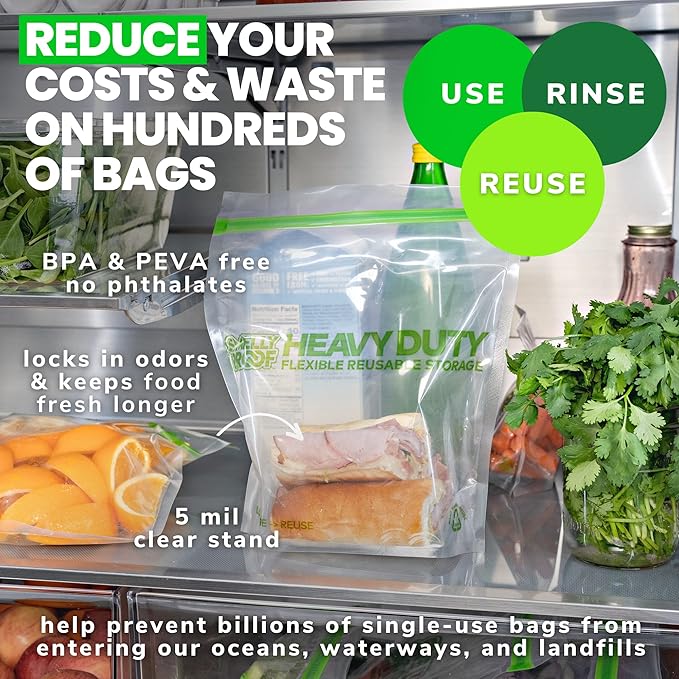 HEAVY DUTY Reusable STAND-UP Ziplock Bags for Food Storage by Smelly Proof, USA Made, NO PEVA & BPA FREE, Reusable Freezer Bags, Dishwasher-Safe, Triple Zip, CLEAR 5-mils LRG Quart 8.5" x 10" - 5pk