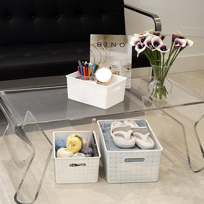 BINO | Plastic Basket, Large - White | 3 Pack | THE STABLE COLLECTION | Multi-Use Storage Basket | Rectangular Cabinet Organizer | Baskets for Organizing with Handles | Home & Office Storage Organizer-NeatNest