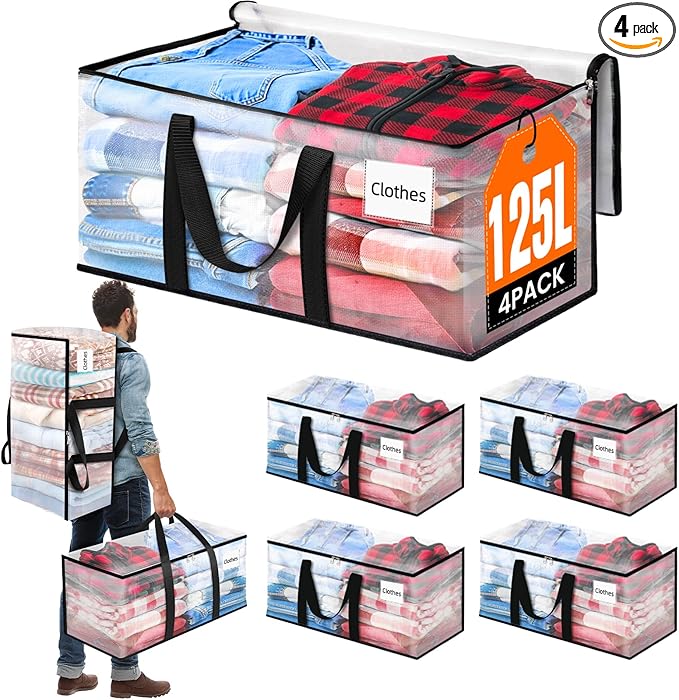 BlissTotes 4-Pack Large Moving Bags with Backpack Straps & Strong Zippers, Heavy-Duty Storage Bags Moving Boxes for Space Saving, Dorms, Transport, 125L-30 Gallons, Clear-NeatNest