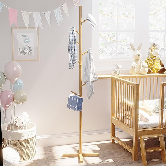 Bamboo Tree Coat Rack Stand, Freestanding kids Coat Tree with 9 Hooks 3 Adjustable Height for Child Adult, Coat Stand Tree Fits Entryway Bedroom Office for Bags Hats (64 inch height)-NeatNest