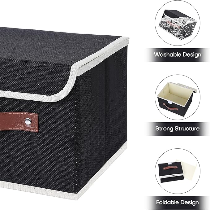 ANMINY 2PCS Storage Bins with Lid PU Leather Handles Storage Boxes PP Plastic Board Decorative Foldable Lidded Cotton Linen Fabric Home Cubes Baskets Closet Organizer Containers - Black, Small Size-NeatNest
