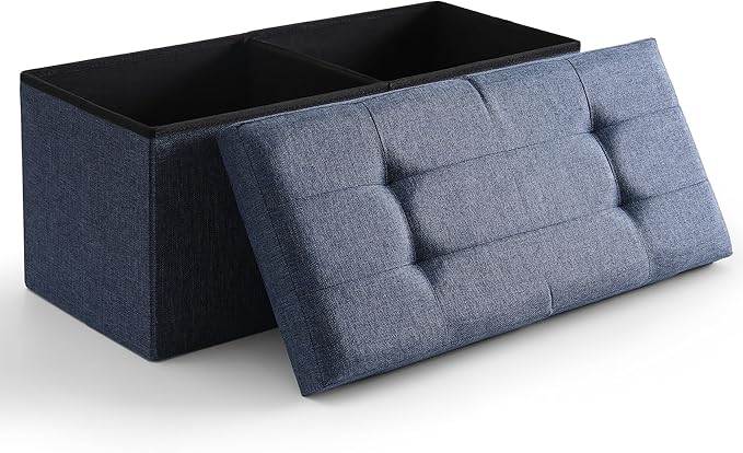 CUYOCA Storage Ottoman Bench Foldable Seat Footrest Shoe Bench End of Bed Storage with Flipping Lid, 75L Storage Space, 30 inches Linen Fabric Navy-NeatNest