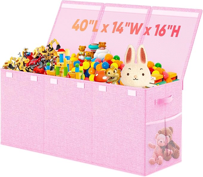 Extra Large Toy Storage Box with Lid Divider, Sturdy Collapsible Toys Organizer Chest Kids Storage Bins Boxes Baskets for Boys, Girls, Nursery, Bedroom, Living Room, Playroom, 40"x14"x16", Pink