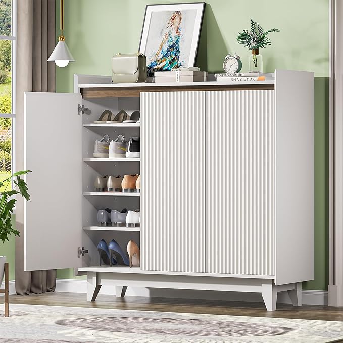 Wave Fluted Shoe Storage Cabinet with 3 Doors, 6-Tier Shoe Cabinet with Adjustable Shelves, 43.7”H Tall Shoe Cabinet Storage for Entryway Hallway White Shoe Rack Organizer Freestanding Cabinet-NeatNest