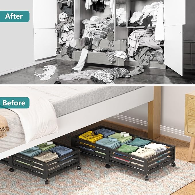 Bamboo Under Bed Storage Containers- Underbed Organizer with Wheels with Large Dust Bag,Sturdy Wood Rolling Under the Bed Shoe Storage Organizer Drawer 2 Packs (Black, Long)-NeatNest